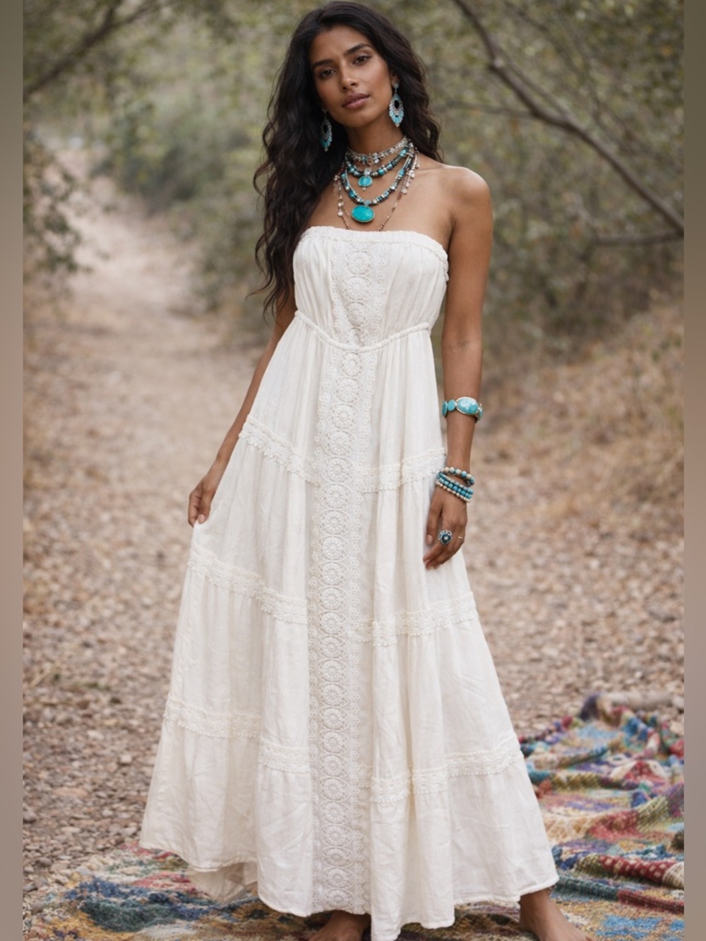 Harper & Ivy Bohemian Strapless Crochet Lace-Panel Maxi Dress | Size Sm.